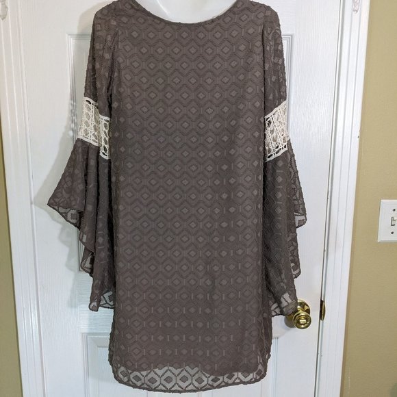 VaVa by Joy Han Brown Boho Textured Pattern Bell Sleeve Mid Dress - size S - Picture 2 of 14